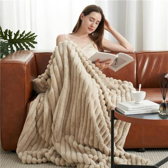 Amelie Home Faux Fur Throw Blanket Soft Fluffy Cozy Plush Sofa Bed Beige - Picture 2 of 7